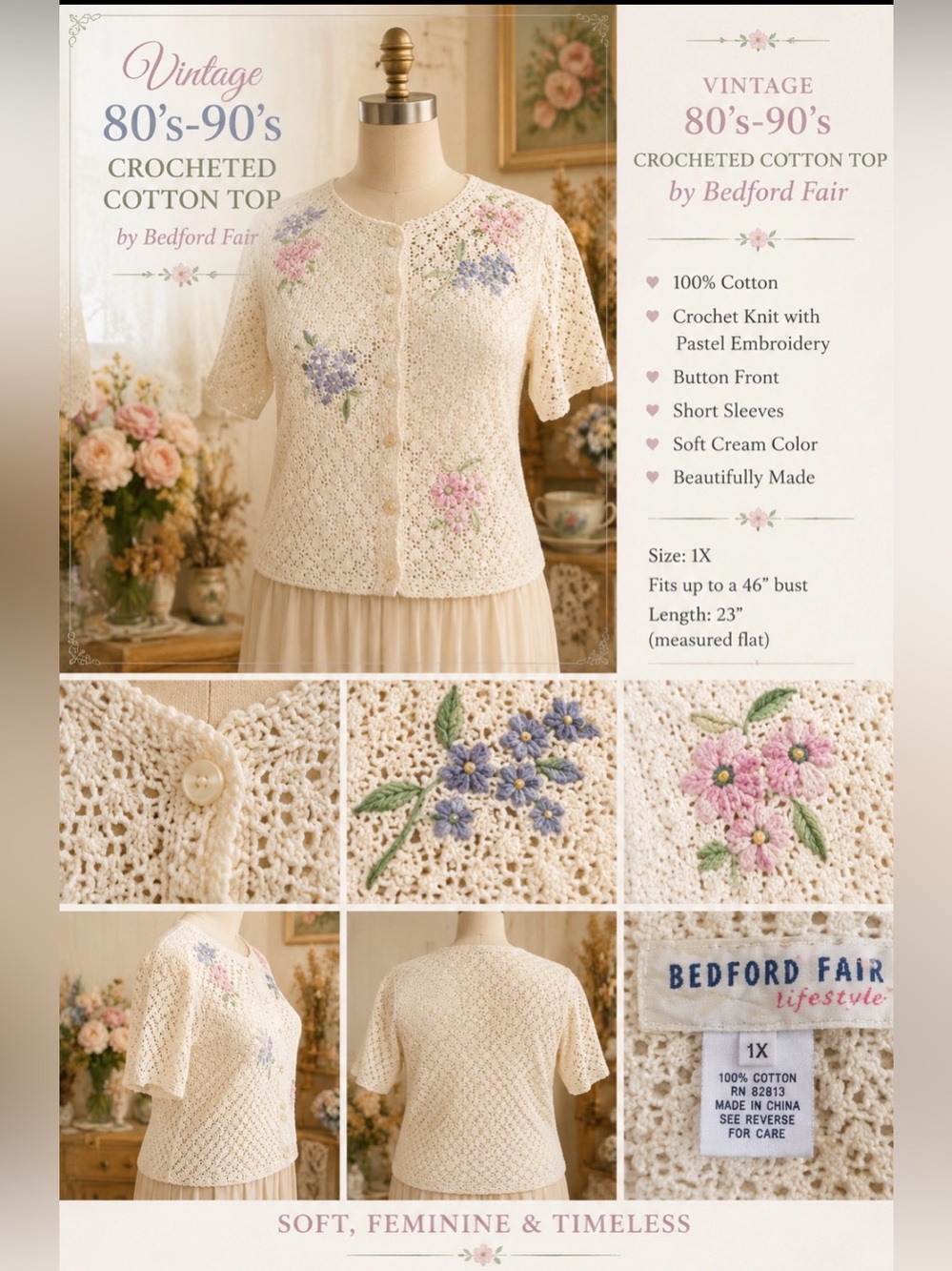 Vintage 80’s 90’s - plus size crocheted cotton top - embroidered- 1X -